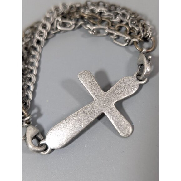 Silver Tone Bronze Tone Multi Chain Cross Bracelet 6.5" - Picture 2 of 8